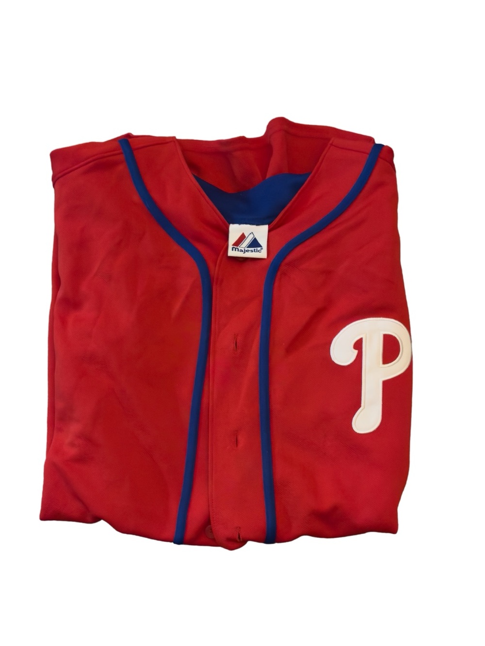 Majestic Men’s Red Baseball Jersey with Blue Trim and White Patch P